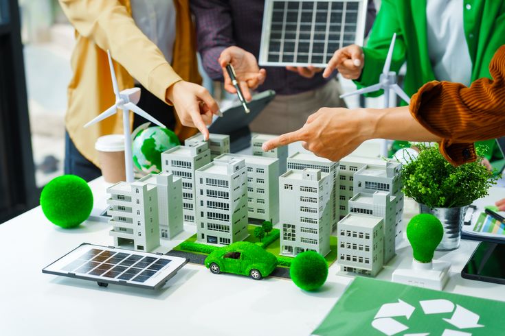 Colleagues meet at desk brainstorm environmental management strategies. discuss carbon emissions